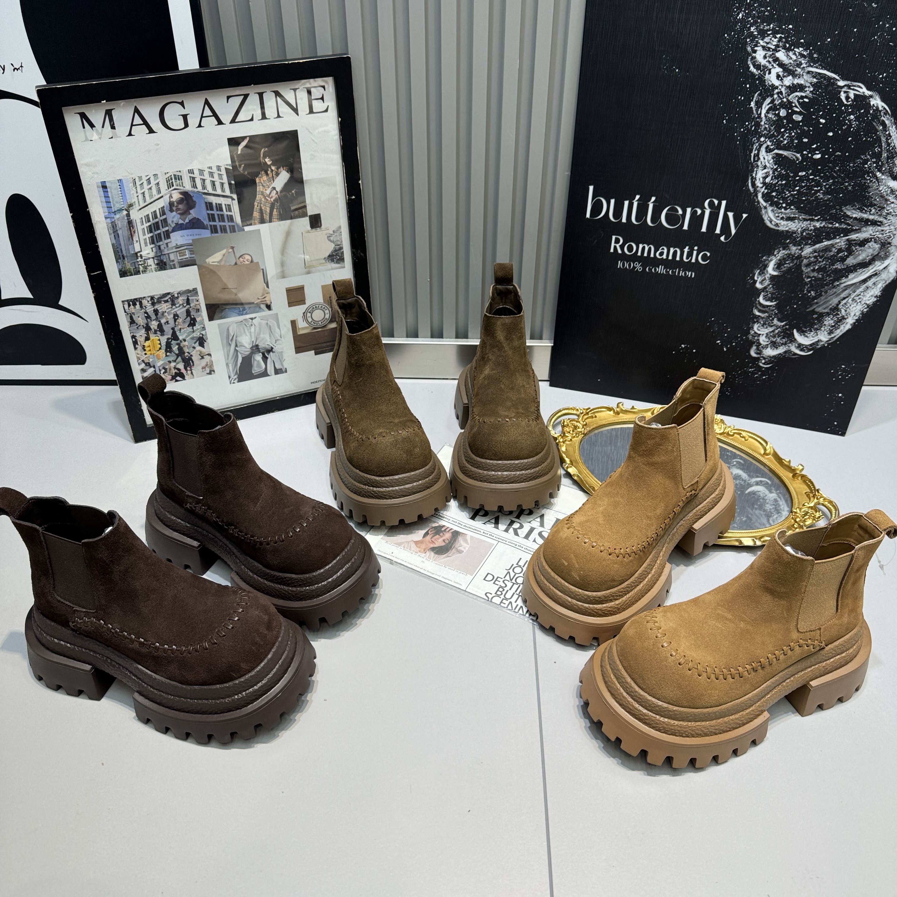 WL新款复古磨砂加棉保暖短筒靴松糕厚底小个子增高显瘦御寒马丁靴