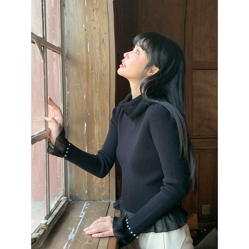 清仓霍里德地图 春季长袖打底衫珍珠蕾丝毛针织衫设计感内搭