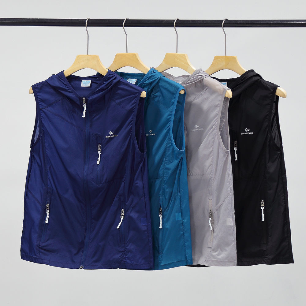 外贸韩国夏季户外登山马甲旅游健身防晒衣防紫外线连帽马夹坎肩男