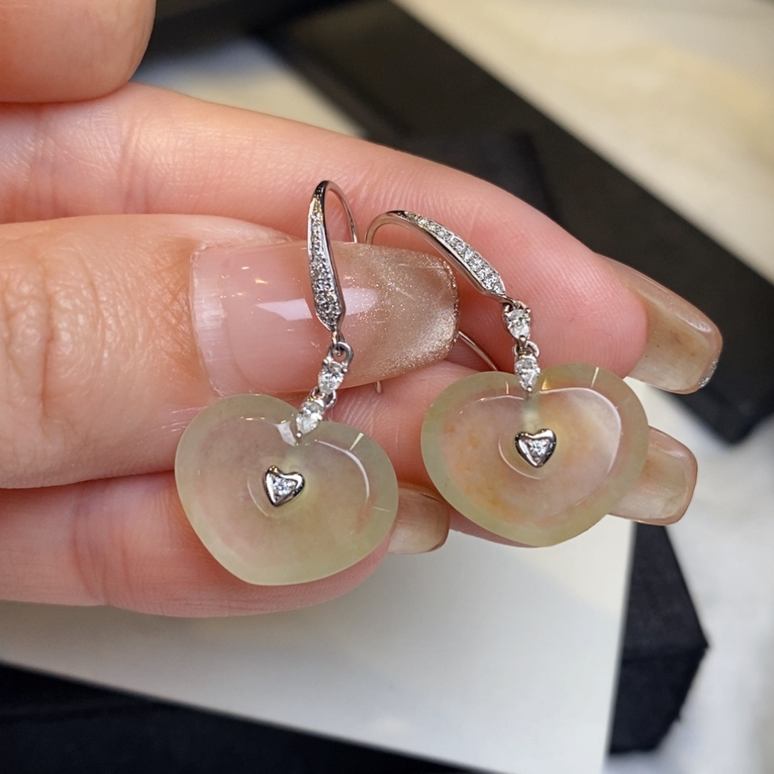 翡翠耳饰18K金镶嵌冰黄翡爱心