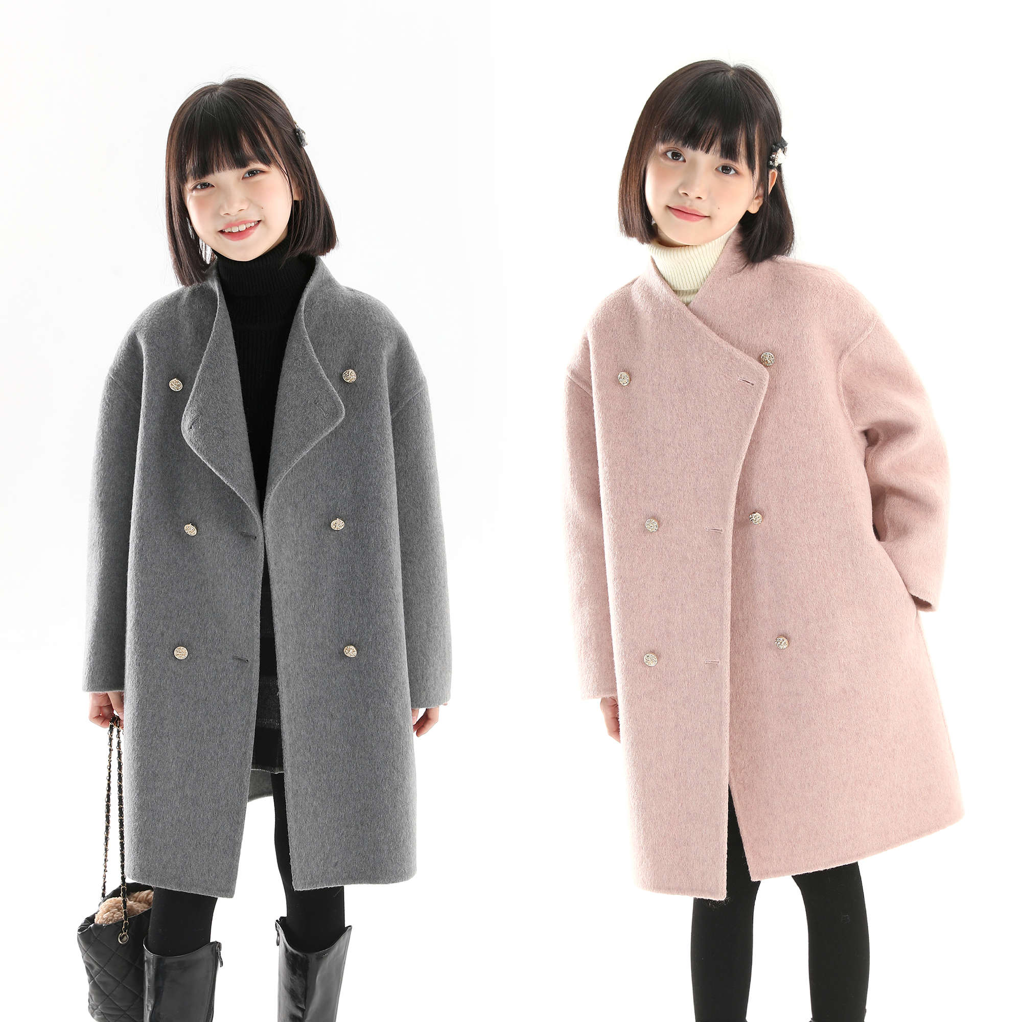 【70毛高定款】象小爸2025秋冬新款金扣双面呢女孩中长款毛呢外套