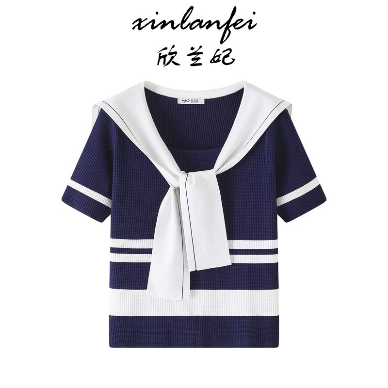 XINLANFEI/欣兰妃海军领条纹针织衫短袖t恤夏季显瘦小个子翻领女