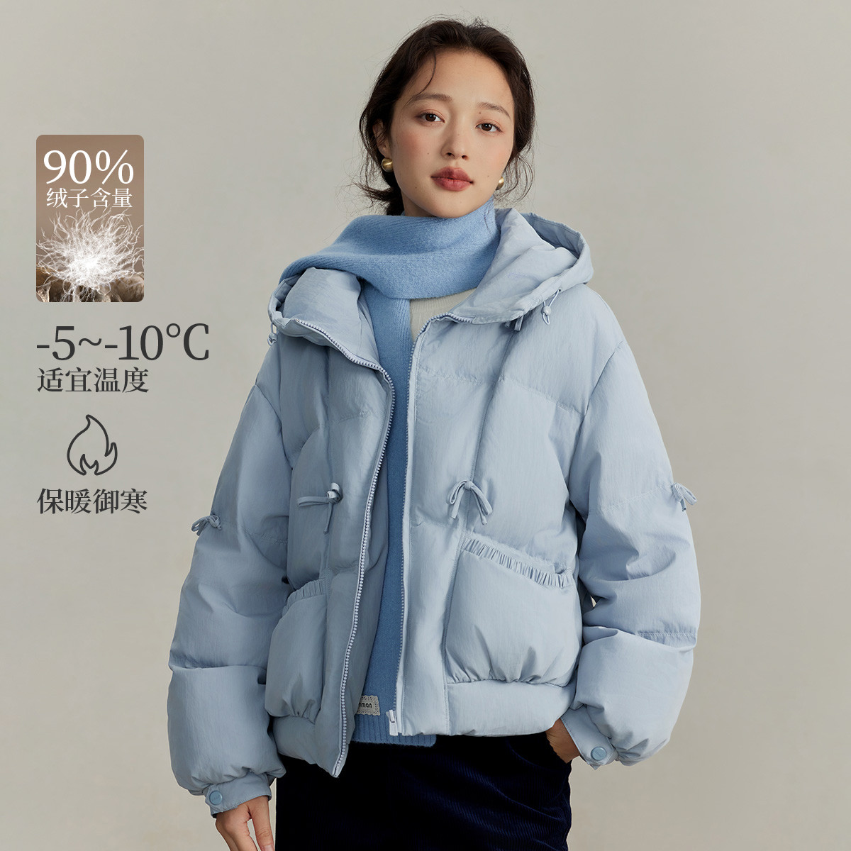 茵曼加厚鸭绒连帽羽绒服女2025冬季蝴蝶结时尚百搭宽松保暖外套