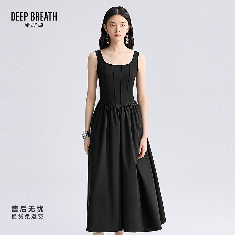 DEEPBREATH深呼吸简约圆领背心梭织长裙黑色背心连衣裙A500277