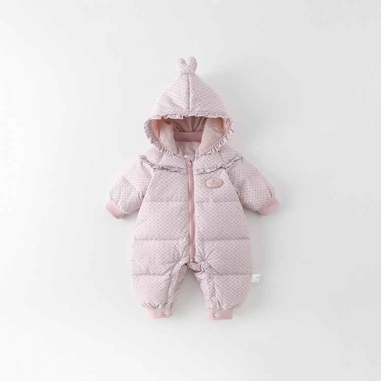 奶茶婴幼儿冬季羽绒服连体衣女宝卡通加厚可拆卸帽哈衣白鸭绒爬服