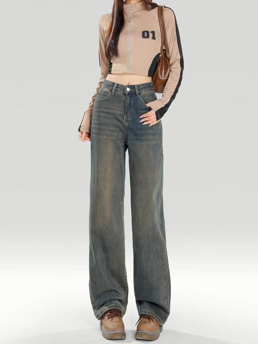 复古色抓绒牛仔裤