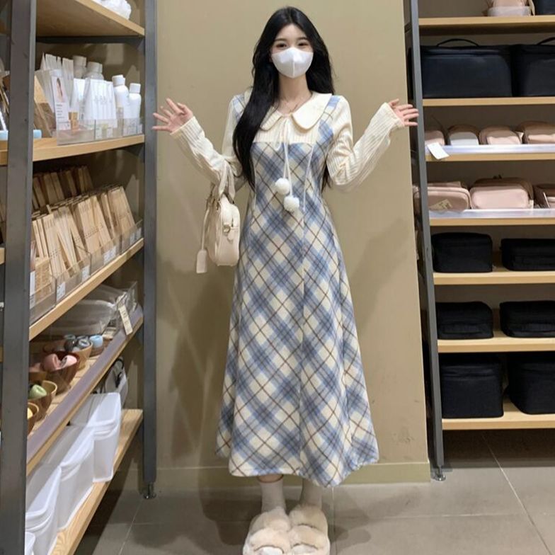 【亏米清苍】C-8098春季新款格纹斜裁蕾丝边假两件磨毛连衣裙