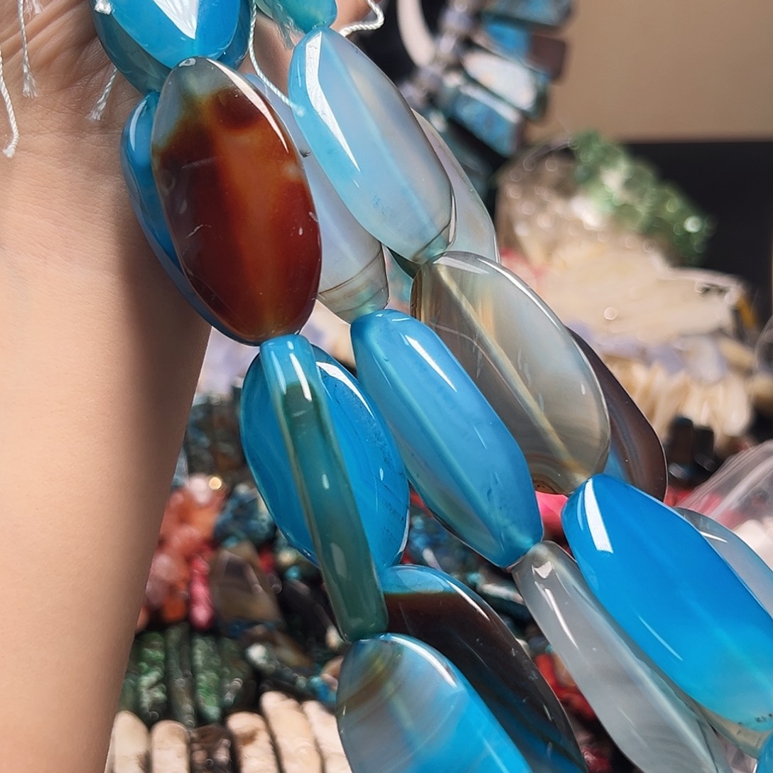 玛瑙/玉髓合金珠宝半成品B492蓝玉髓缠丝玛瑙46.5*23.3*8mm