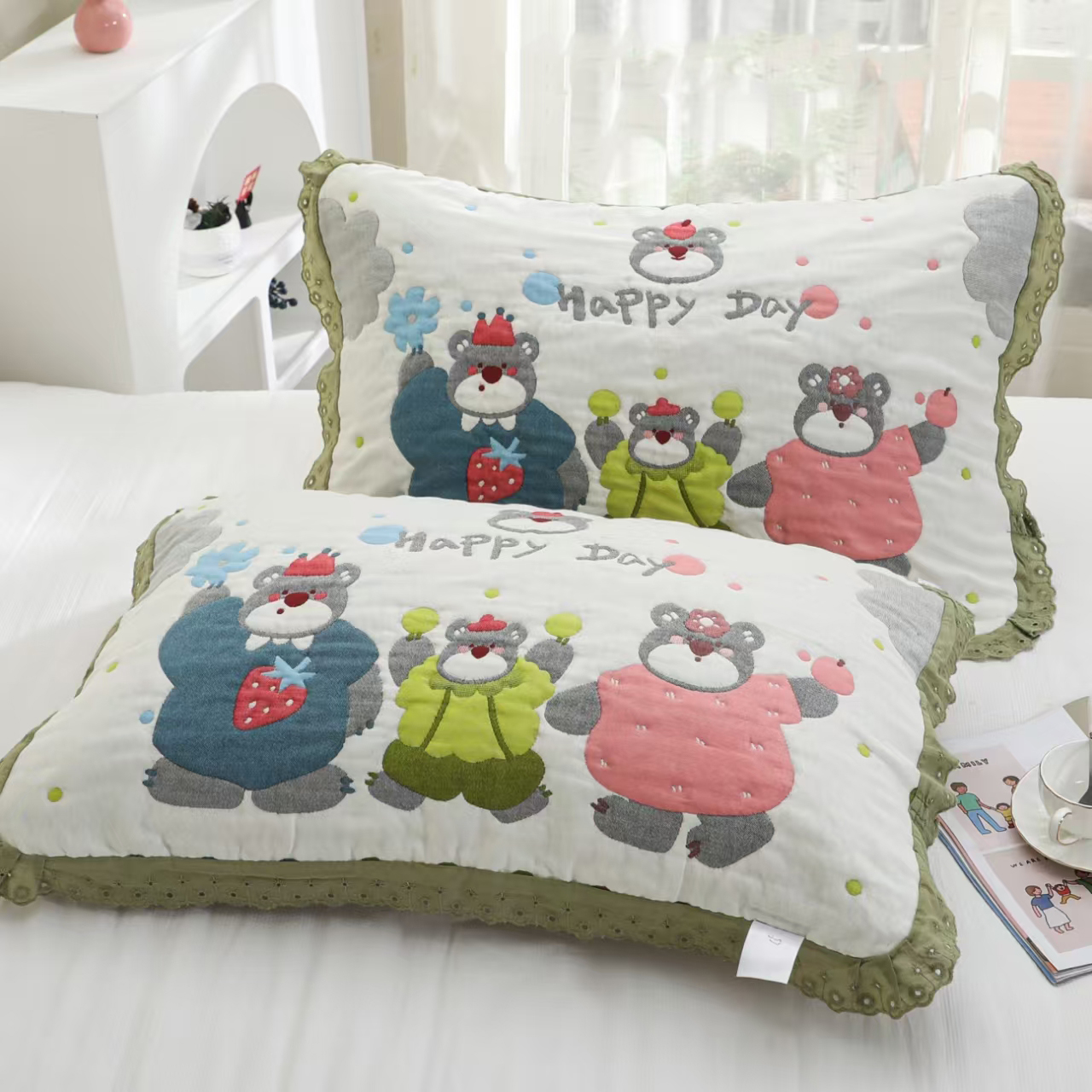 【温馨一家】全棉加厚纱布52x78cm成人枕巾一对装