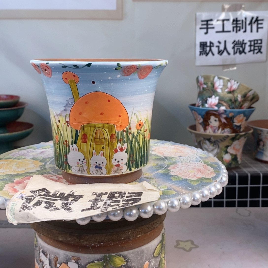 紫砂花盆莓*汽红陶手绘花盆