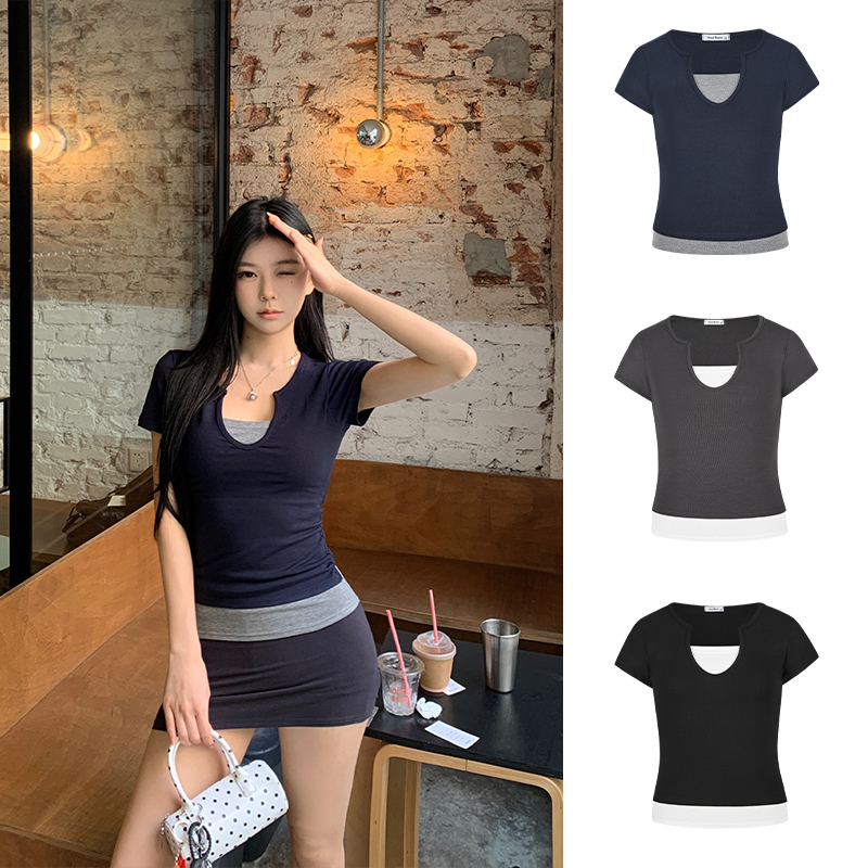 Moses Queen/魔西女王美式复古假两件短袖T恤拼接撞色辣妹上衣