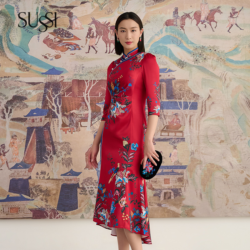 【古色.敦煌】SUSSI古色春季红色新中式改良旗袍婚宴礼服喜装连衣裙
