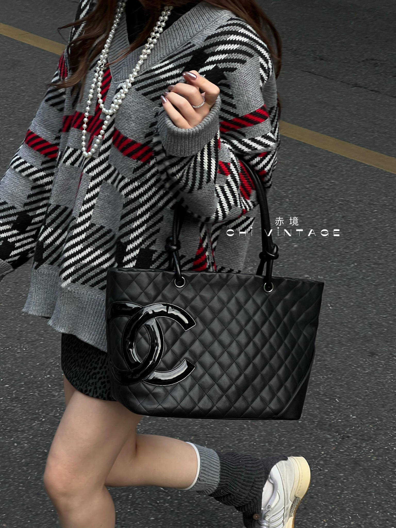 99新 Chanel/香奈儿 6747 黑色康鹏菜篮子手提包大号