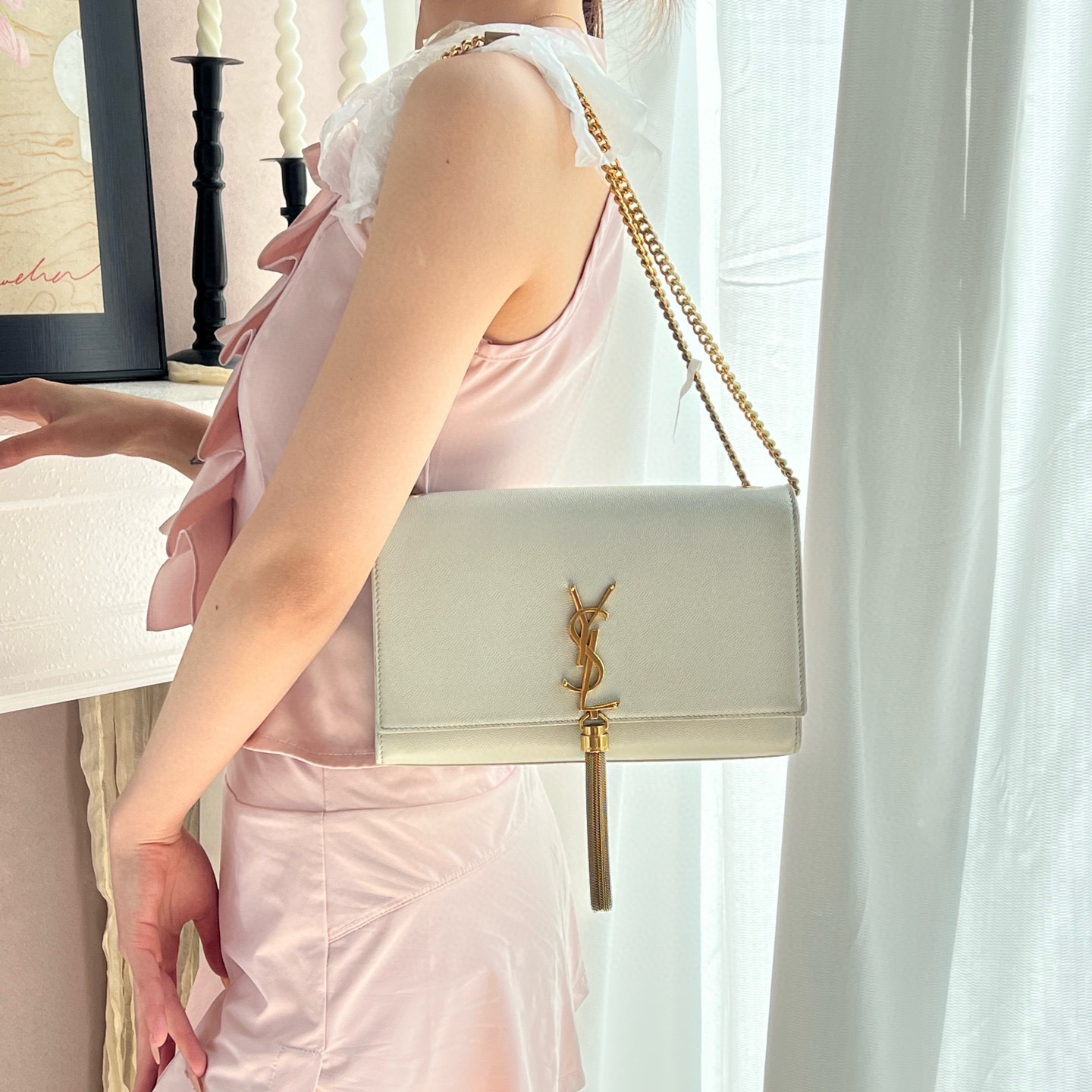 95新 YSL/圣罗兰 ysl 白金流苏kate链条包 