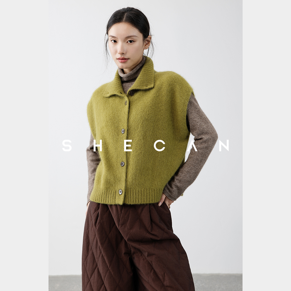 SHECAN【云寇】叠穿神器 绵羊毛高领马甲女无袖针织开衫上衣5DC062