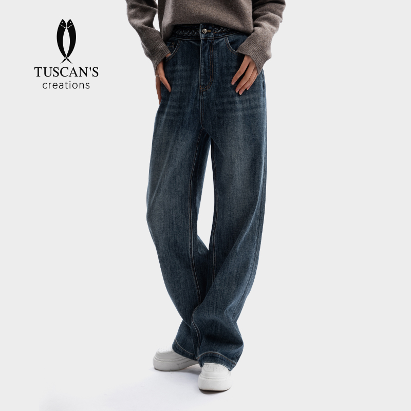 TUSCAN'S CREATIONS日常休闲百搭高腰直筒设计感宽松女时代牛仔裤