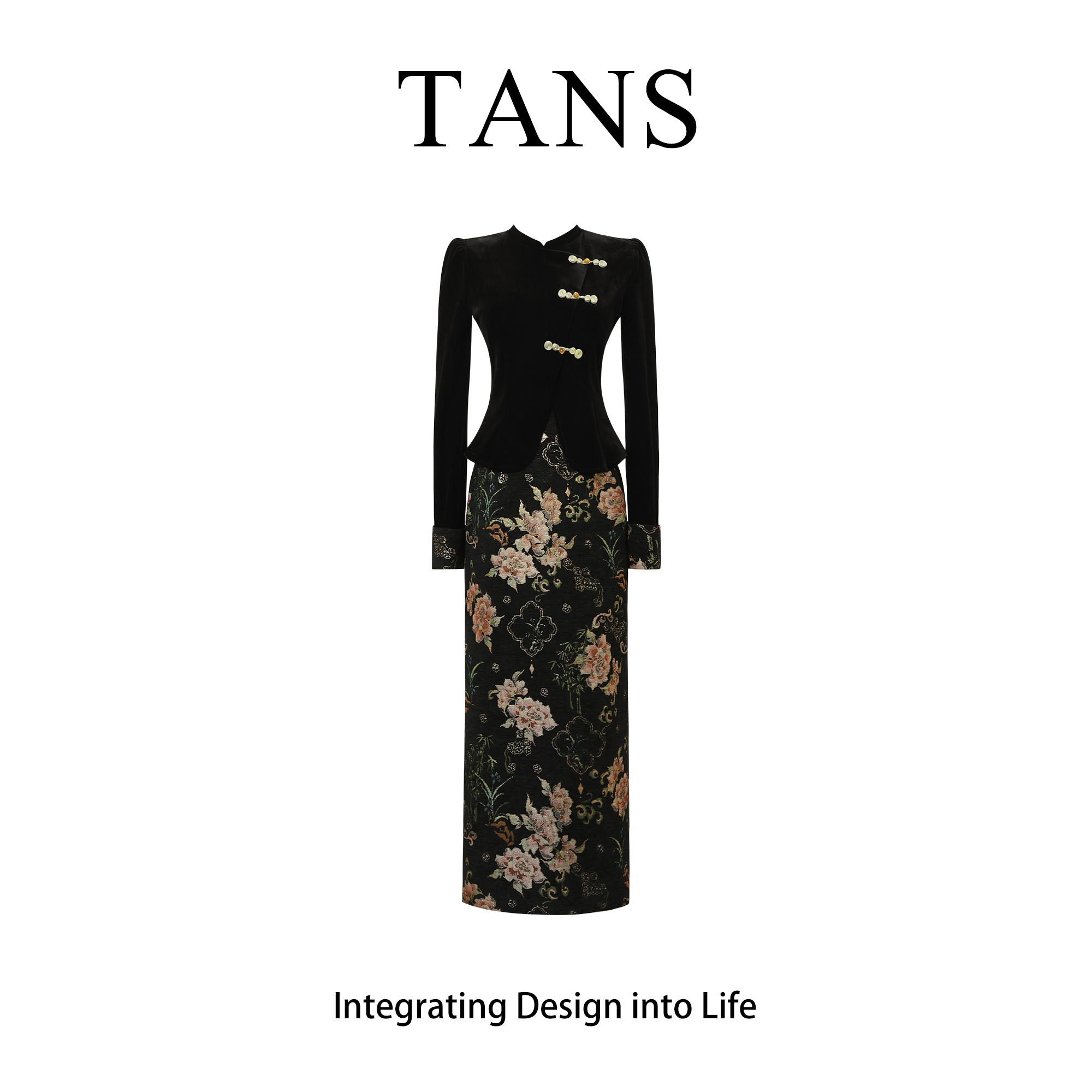 现货 TANS【秋季新品】新中式国风改良版黑色假两件修身显廋连衣裙