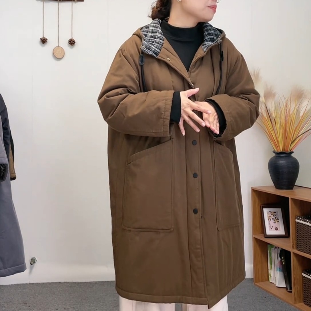 韩版百搭宽松连帽中长款棉服女时尚单排扣冬季外套