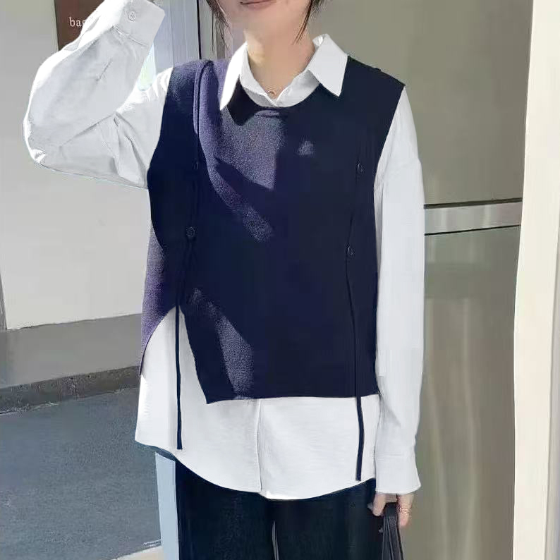 女士针织背心假两件衬衫拼接撞色休闲百搭上衣2659