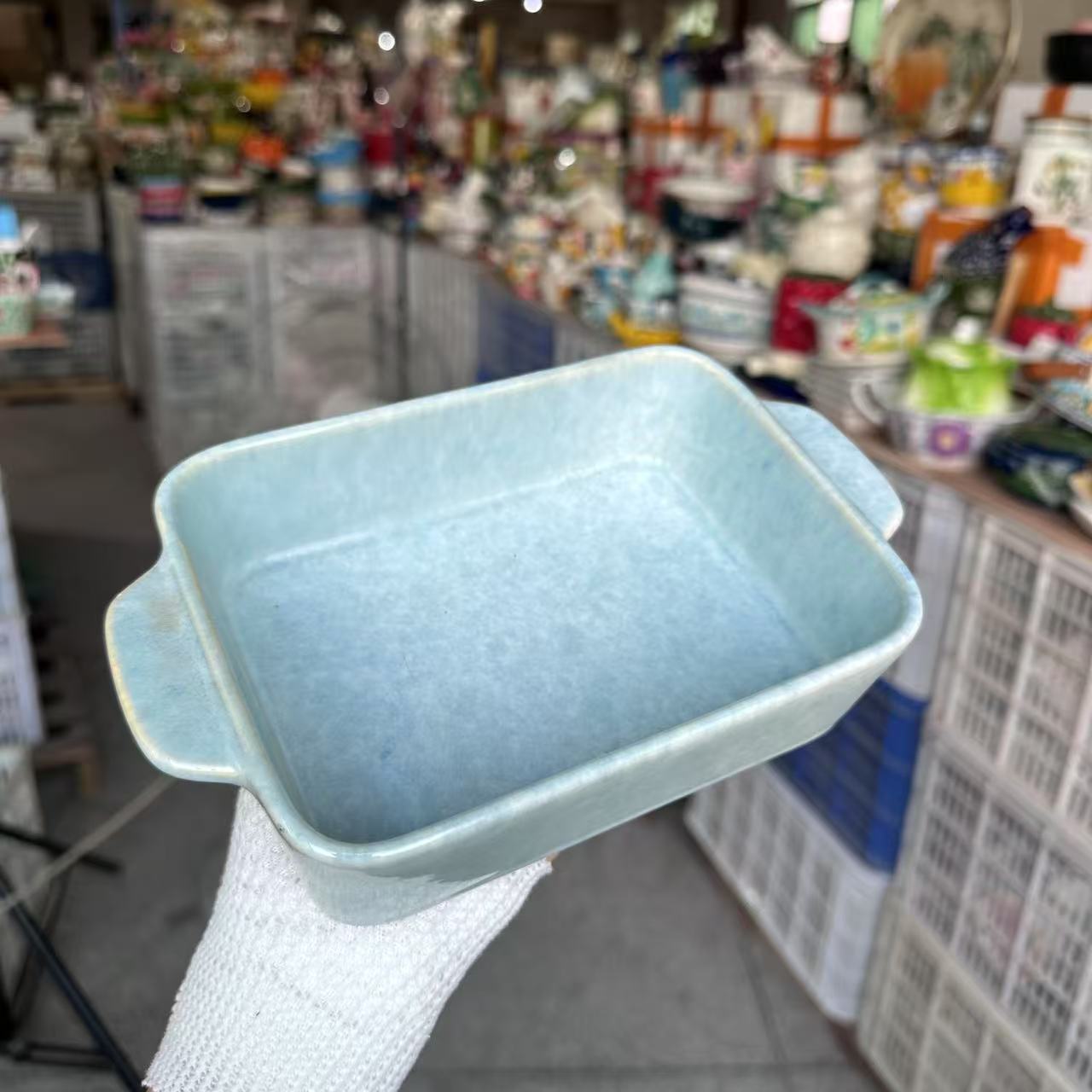 青色窑变渐变四方烤盘