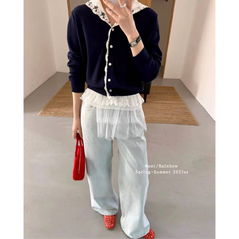 2525【 蕾丝 】 连帽ins休闲毛衣开衫