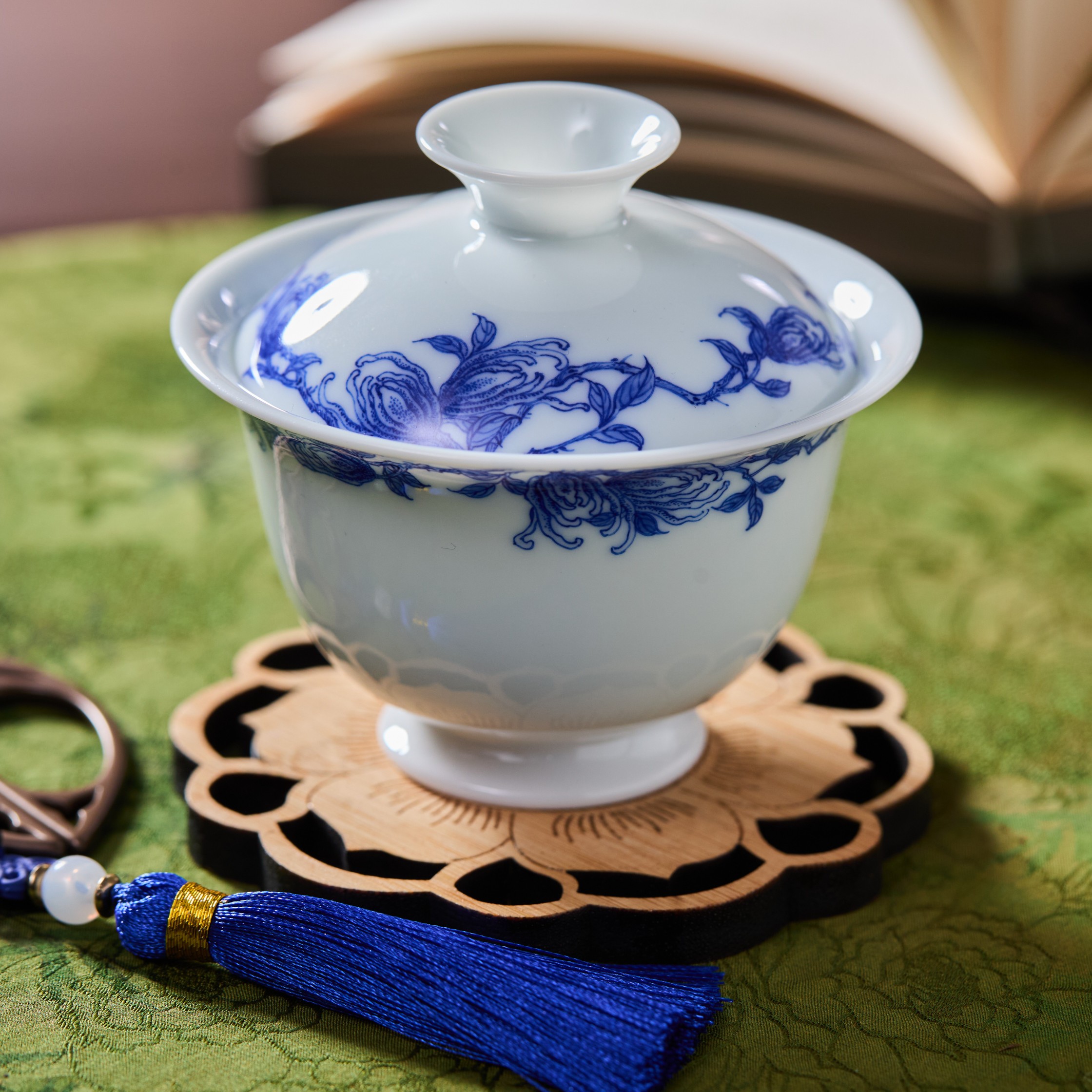 熊友根窑薄胎佛手圈纹元宝盖碗青花手绘内绘陶瓷中式茶盖碗防烫