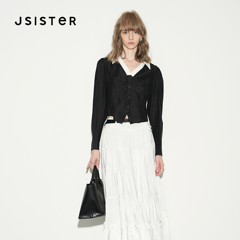 jsister春季新款 JS女装时尚黑白撞色修身设计感抽绳衬衫