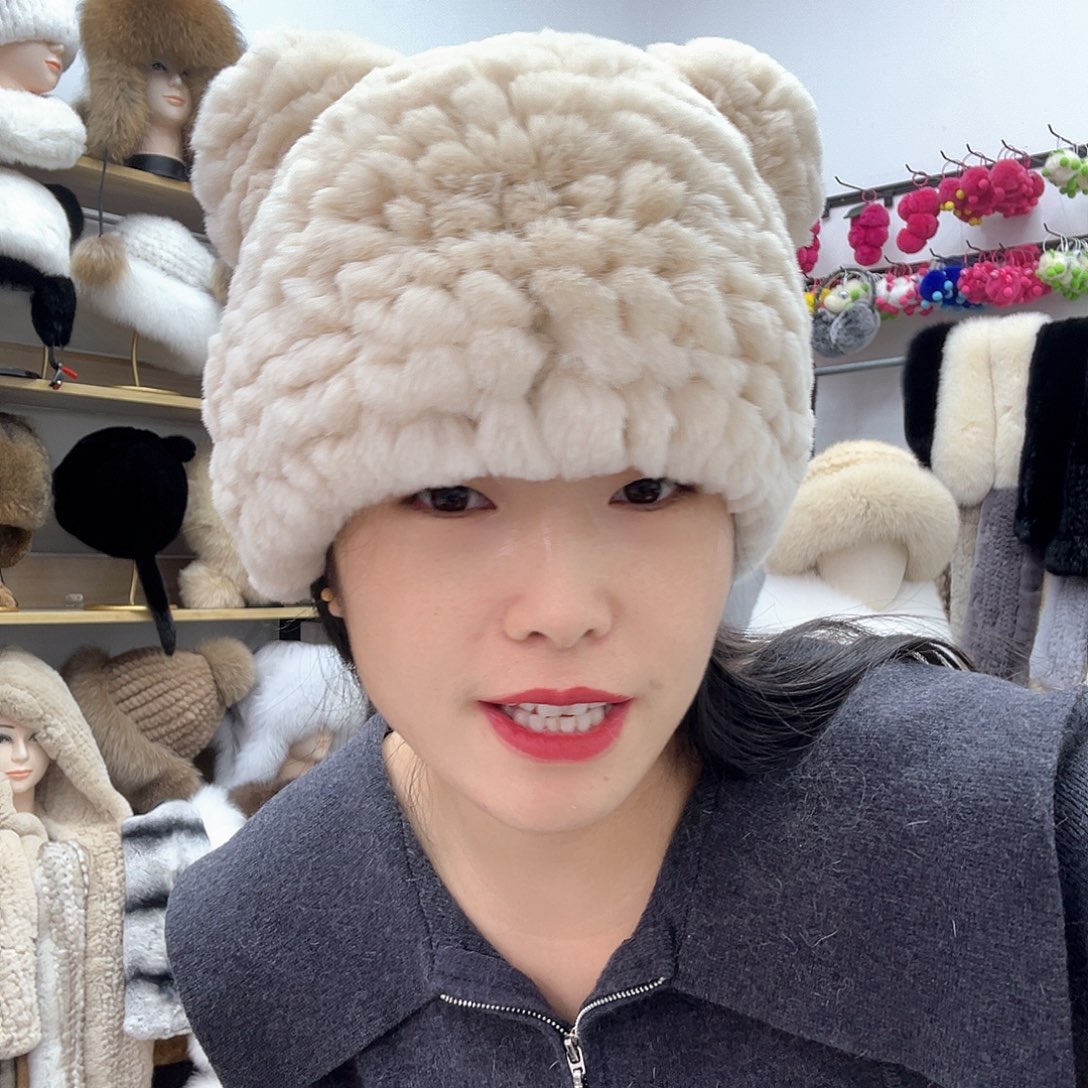 兔皮奶茶色双面毛猫耳朵帽