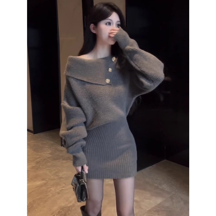 设计感长袖针织连衣裙女秋冬2025新款法式包臀裙一字肩毛衣短裙子