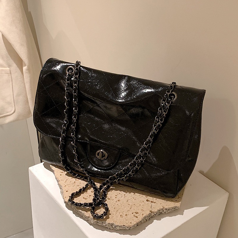 【熹仕】油蜡皮菱格链条轻奢大容量包