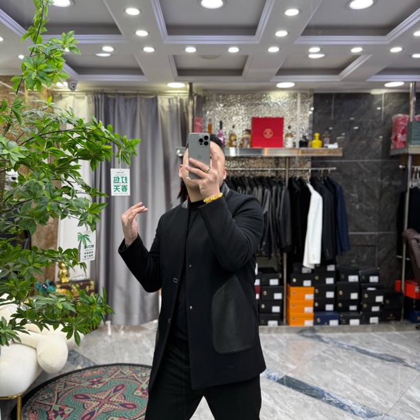 SH轻奢高定男士修身直下摆纽扣毛呢拼皮大衣外套 8D-18