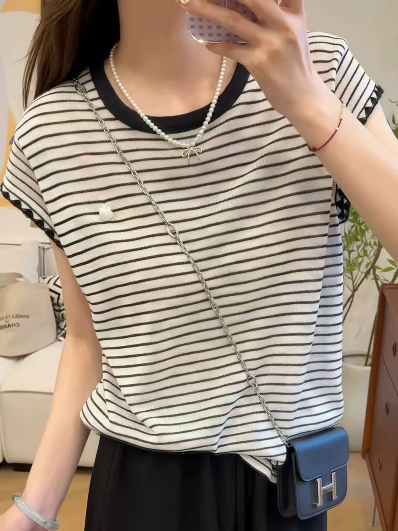 丽丽家~条纹圆领飞袖时尚百搭夏季薄款上衣376