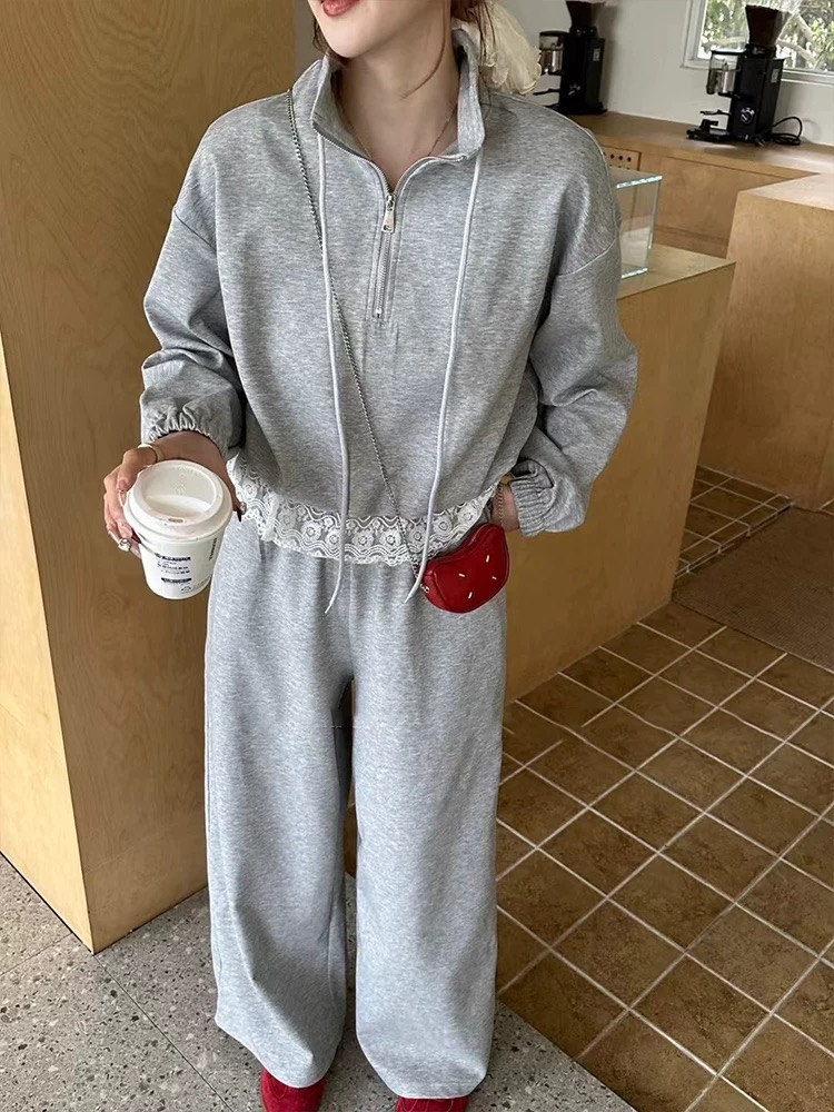 欧货2025春季新款时尚休闲套装女立领宽松卫衣阔腿裤两件套