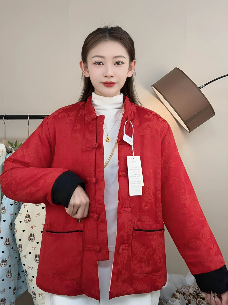 【纯100棉】老布提花女士冬季新款纯棉手工棉妈妈装盘扣中式棉服