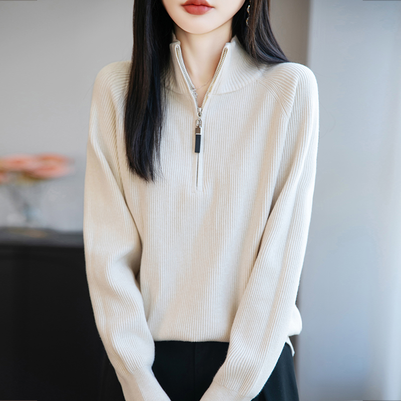 哥弟阿玛施正品羊毛半拉链立领25秋冬宽松时尚舒适针织厚款上衣女
