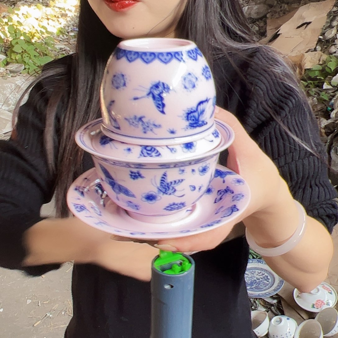 摆件陶景德镇红xixi蝶恋花三才盖碗加杯