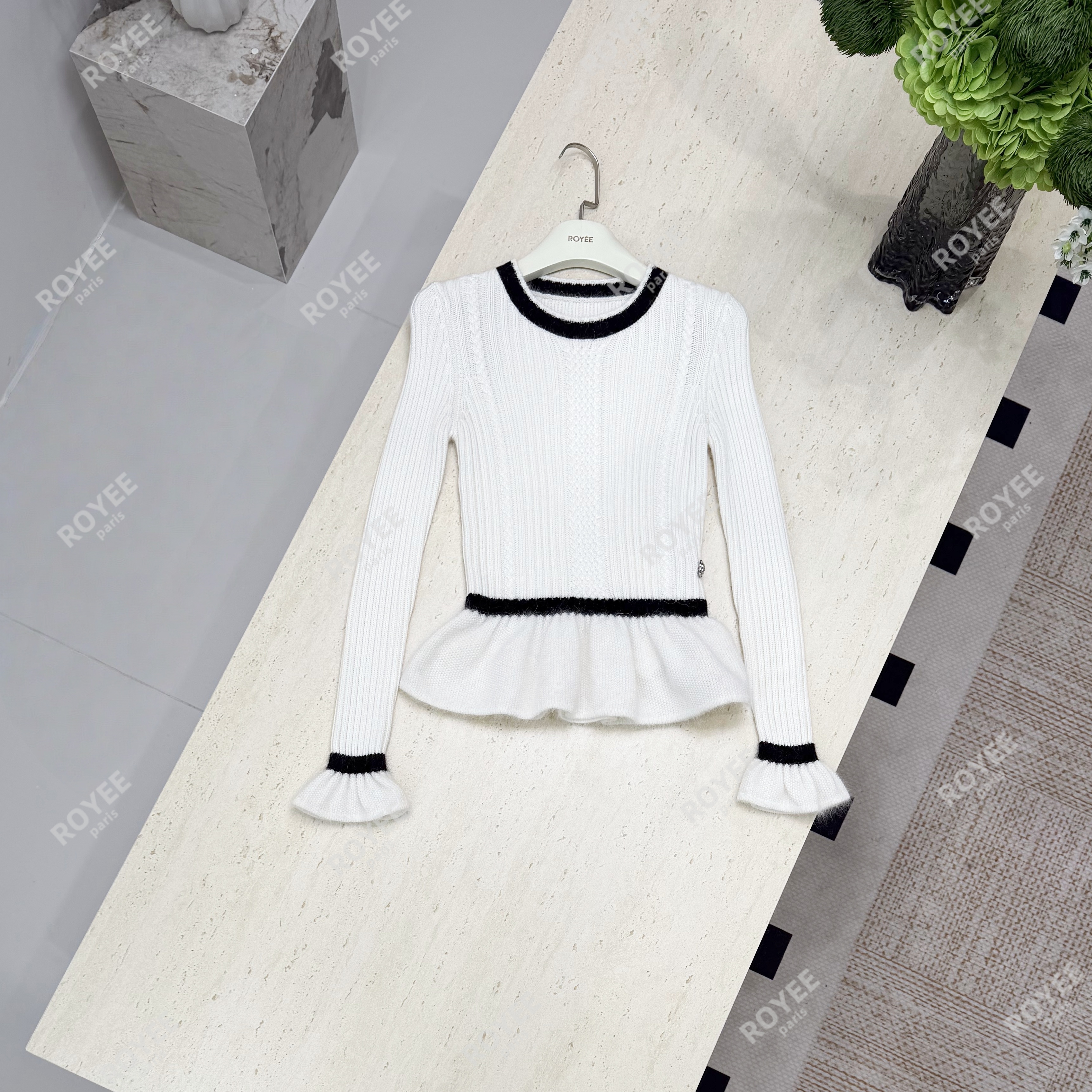 【白巧香香】甜美温柔气质中古撞色收腰小香针织衫上衣女RY1824