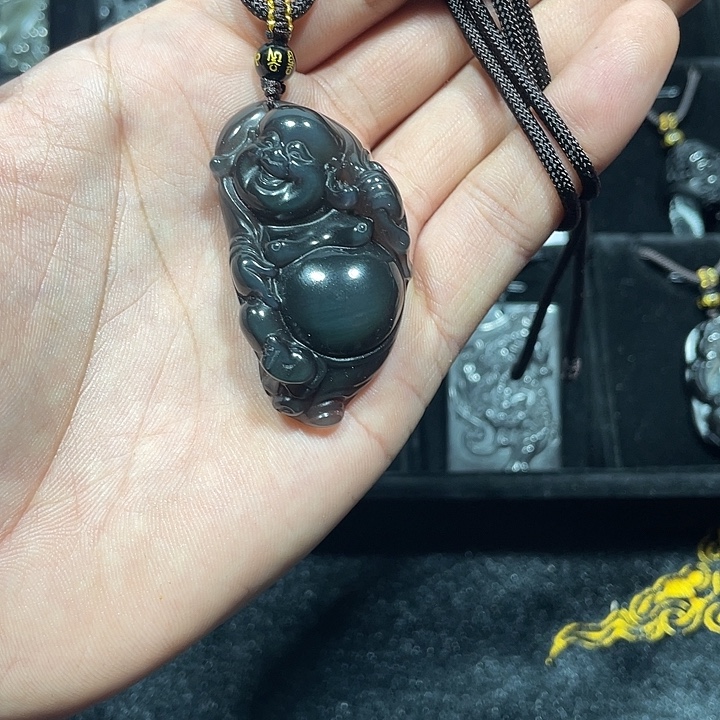 黑曜岩合金颈饰弥勒佛冰晶
