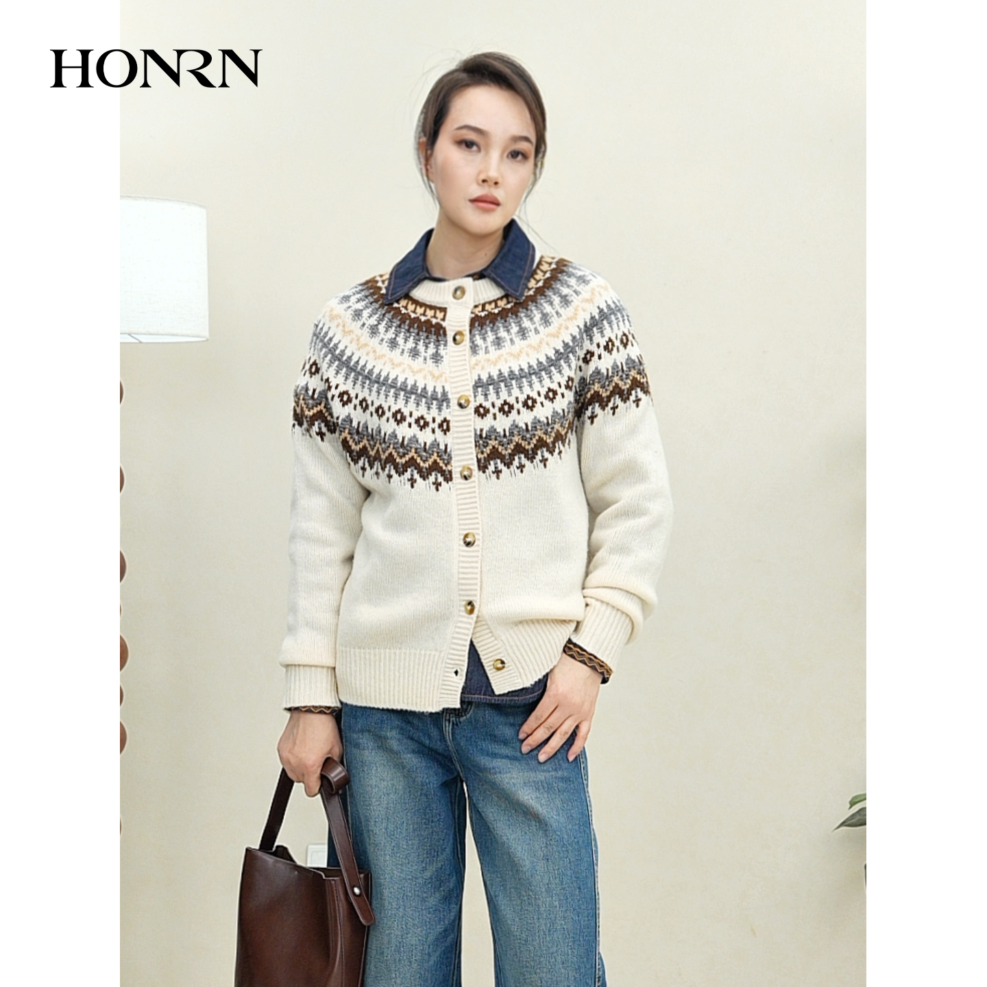 HONRN/红人纯羊毛前开扣毛衫女冬HK59OM123