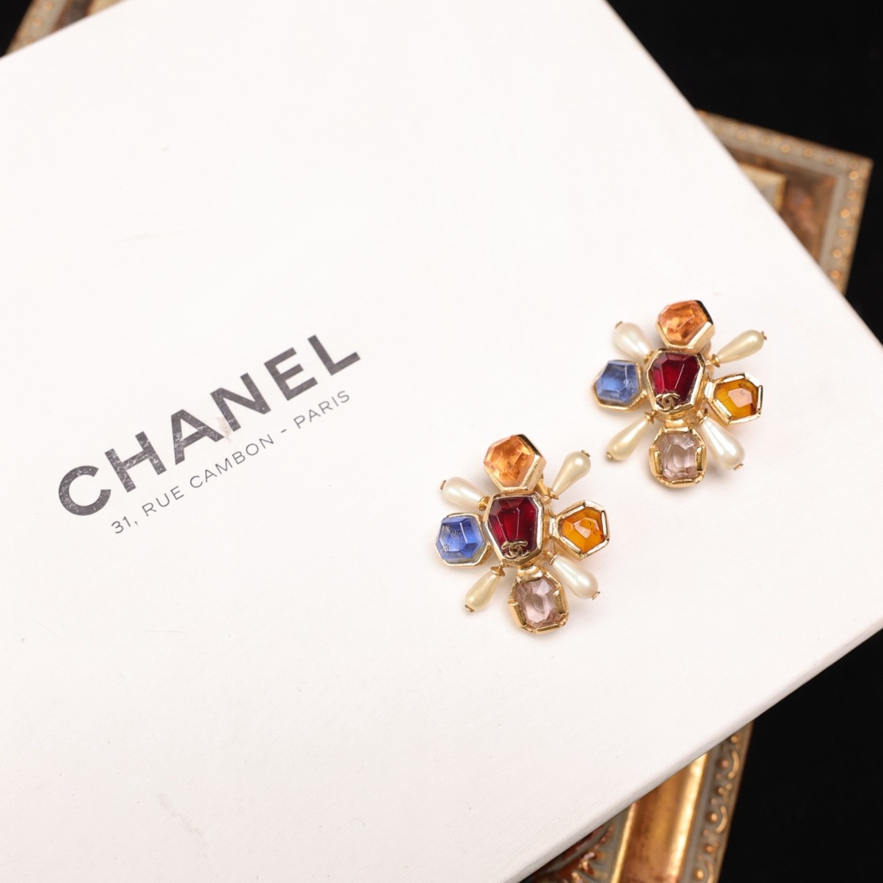 95新 Chanel/香奈儿 柚礼中古/香奈儿彩宝珍珠耳夹TT512003