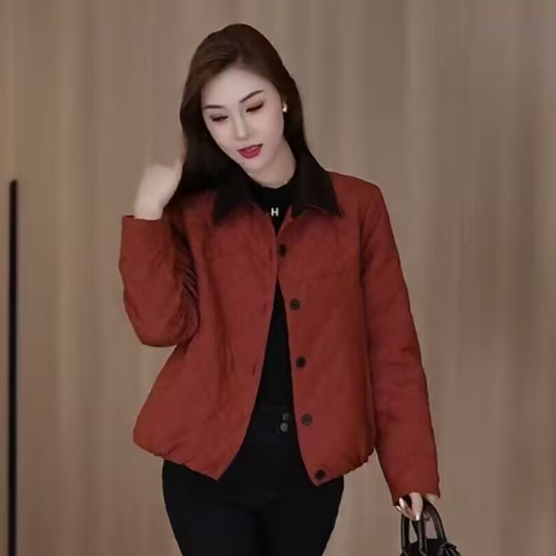中老年春季洋气棉衣翻领女装初冬显瘦短外套时尚气质夹棉棉服