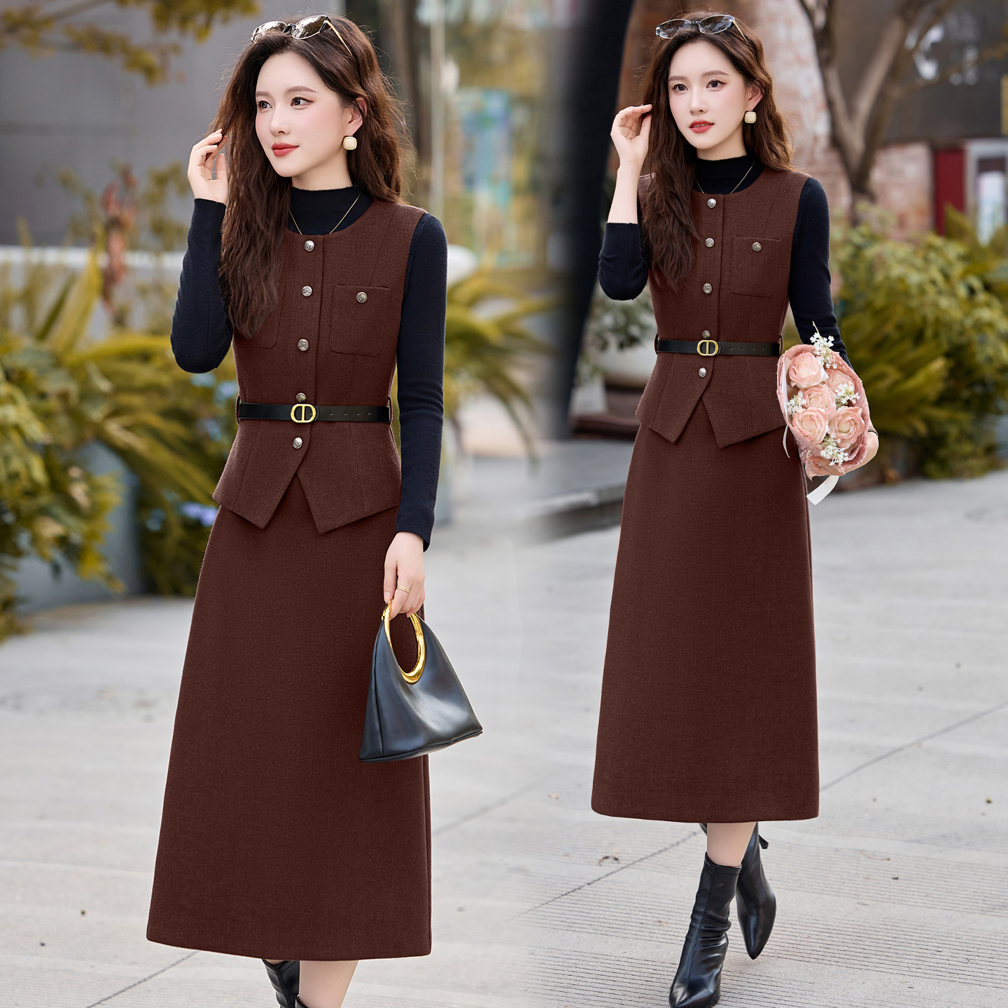 毛呢背心连衣裙两件套女秋冬2025新款气质修身针织打底衫套装裙子