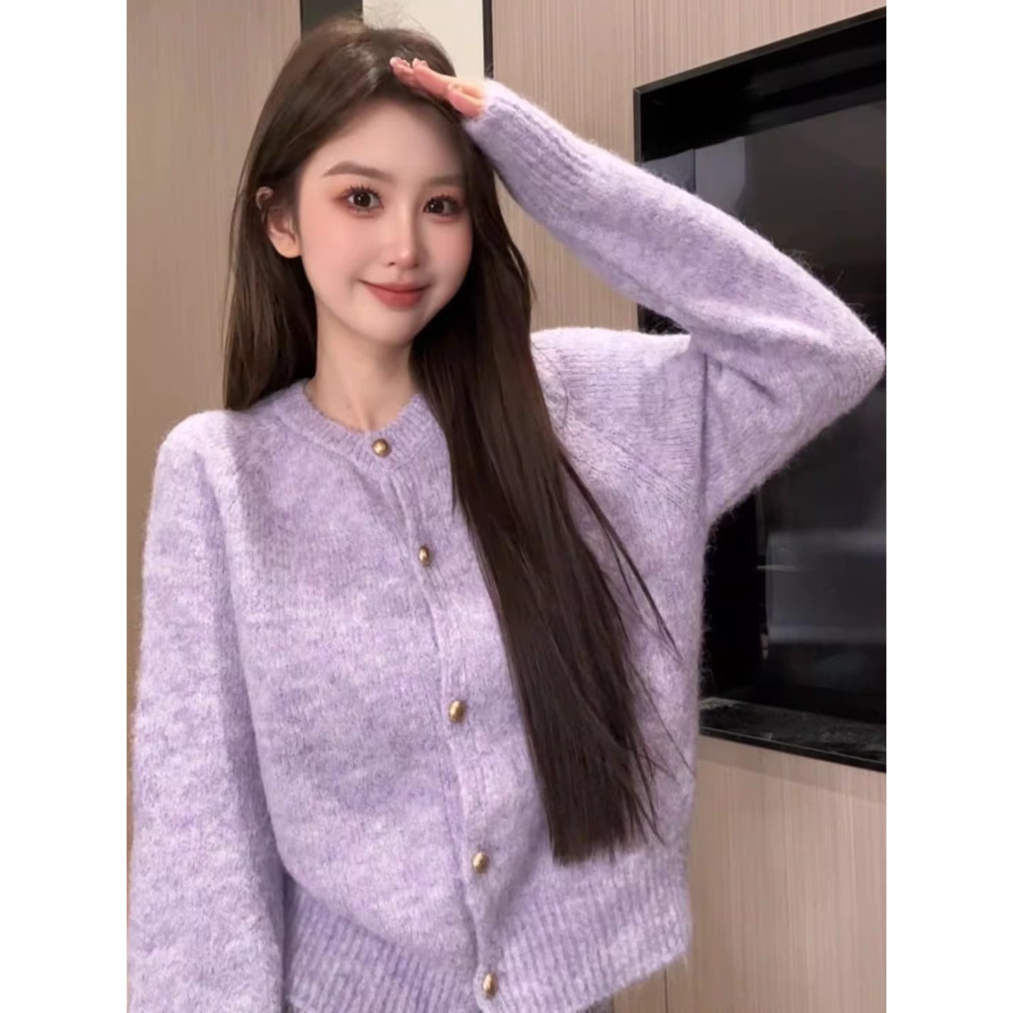 韩系复古紫色软糯毛衣女秋冬季宽松慵懒风高级感针织开衫外套上衣