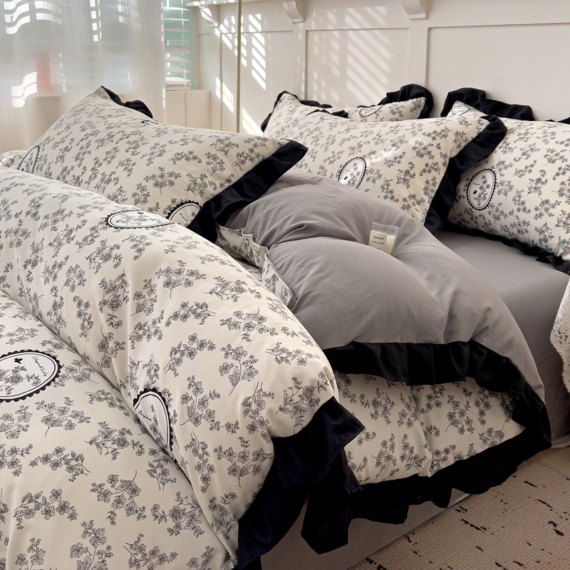 法式ins赫本风黑色花边水洗棉四件套床单学生宿舍被套三件套床笠