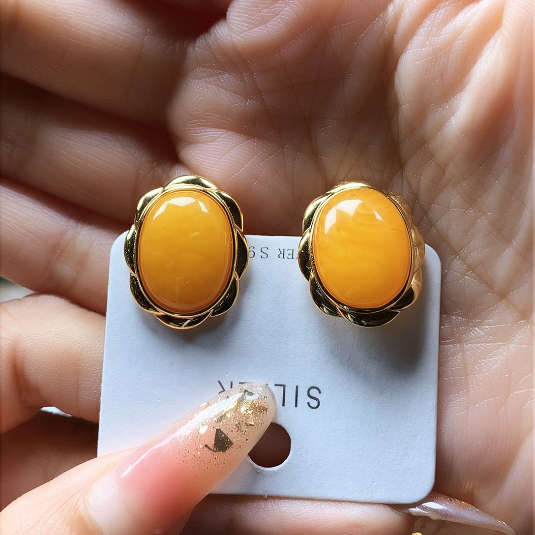 银S925镶嵌蜜蜡耳饰耳钉