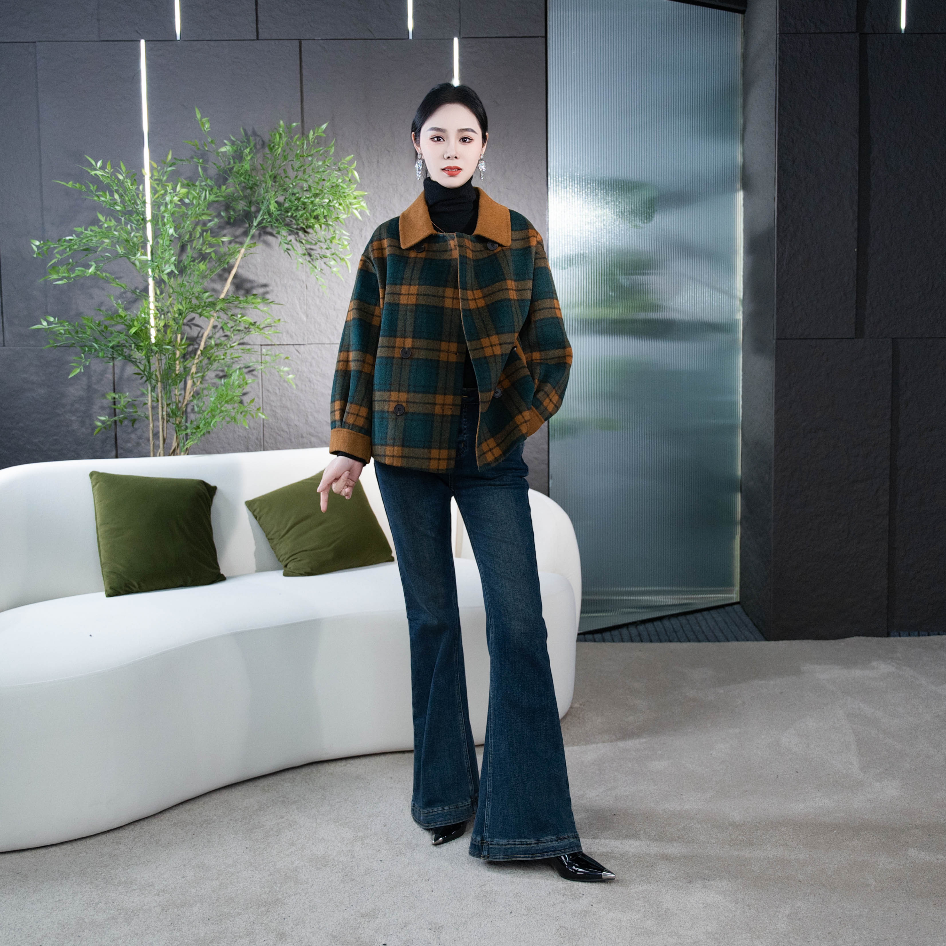 Falaibang/法莱邦2235绿格羊毛大衣