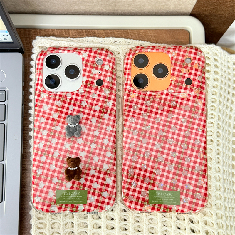 ins韩风卡通红格纹立体小熊适用16promax手机壳iPhone17苹果15/14
