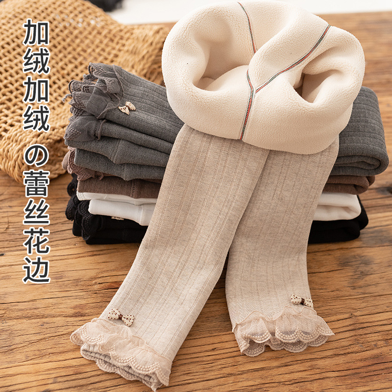 女童打底裤加绒加厚儿童保暖裤子外穿秋冬中厚竖条纹中小童连裤袜