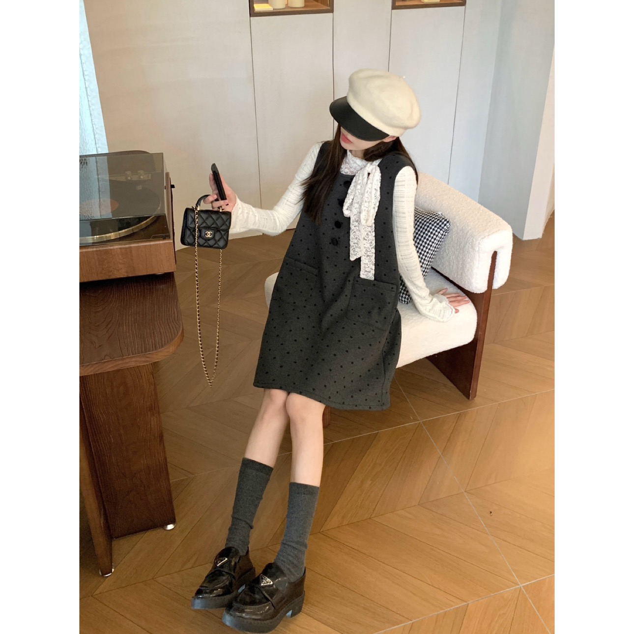 Y1080【城市假日】秋冬季加绒加厚背带裙女中长款气质波点连衣裙