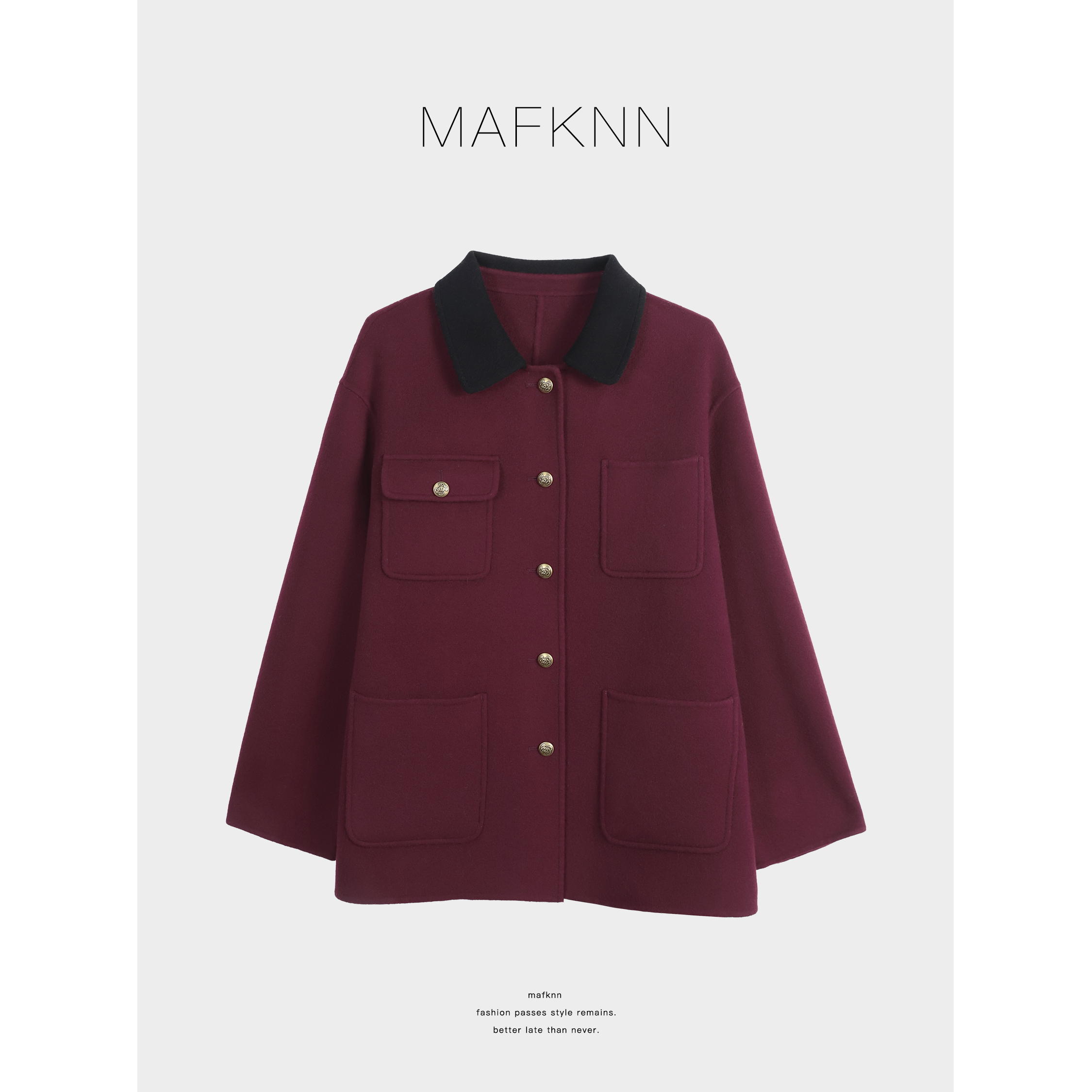 MAFKNN/玛肯时尚休闲简约纯色百搭毛呢大衣MK13728